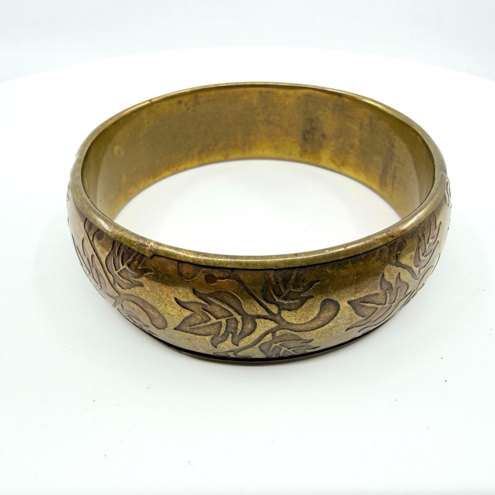 Vintage Brass & Gold Etched Floral Ivy Bangle Bracelet Boho Cuff
